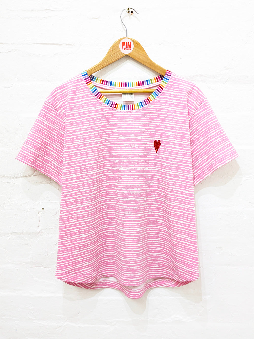 Pink Rainbow Heart Stripe Tee-Pin Clothing-pinclothing.co.uk