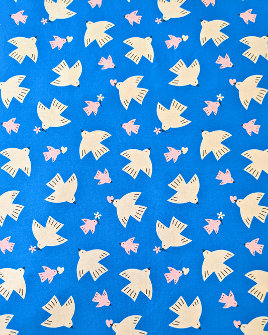 Daisy Bird Cotton Jersey Fabric Blue-pinclothing.co.uk-pinclothing.co.uk