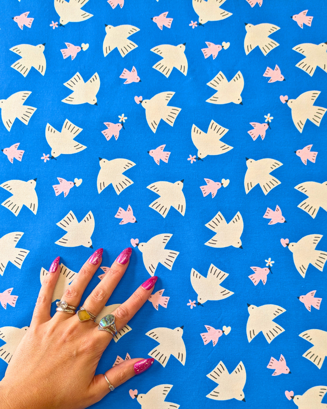Daisy Bird Cotton Jersey Fabric Blue-pinclothing.co.uk-pinclothing.co.uk