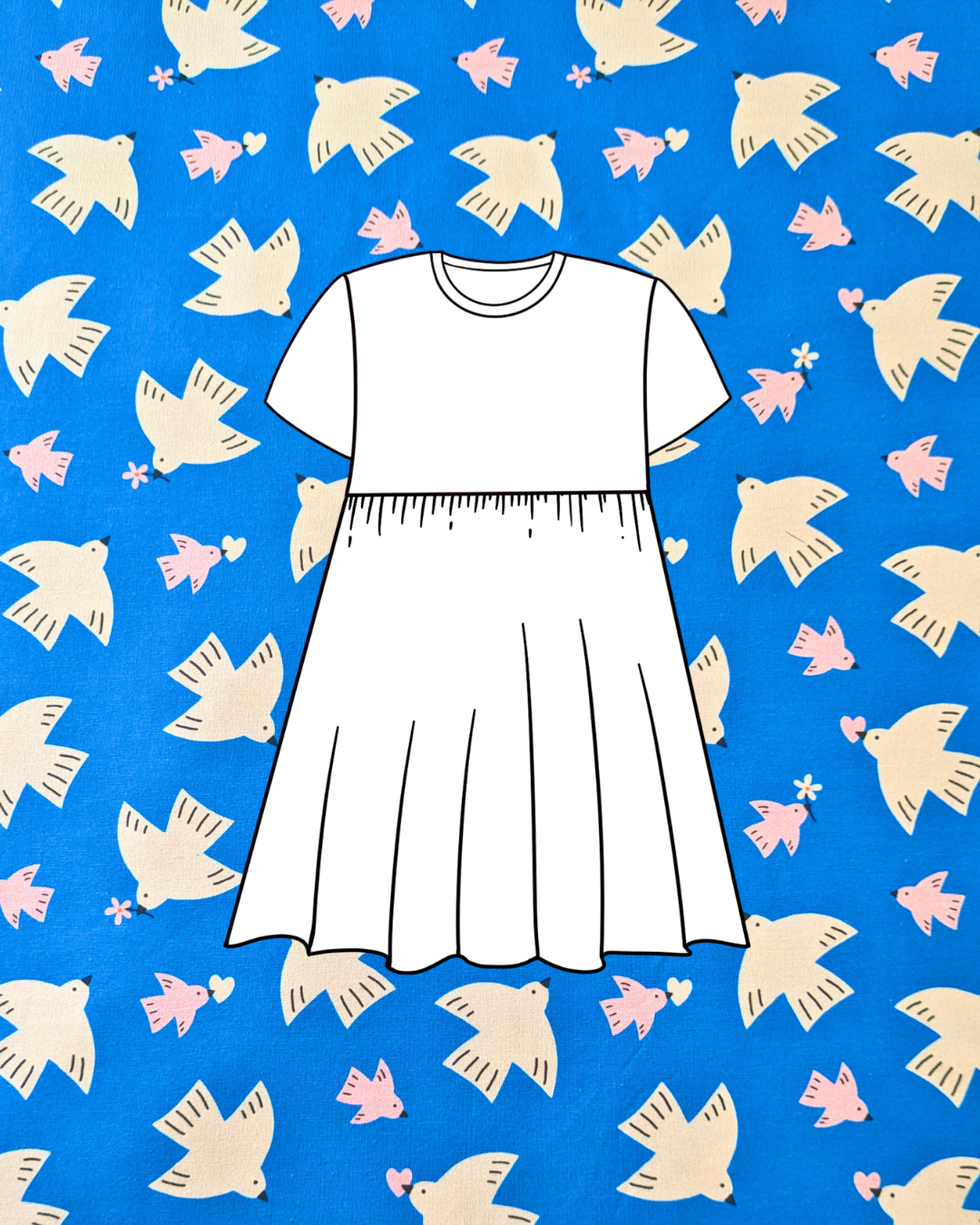 Daisy Bird Cotton Jersey Fabric Blue-pinclothing.co.uk-pinclothing.co.uk