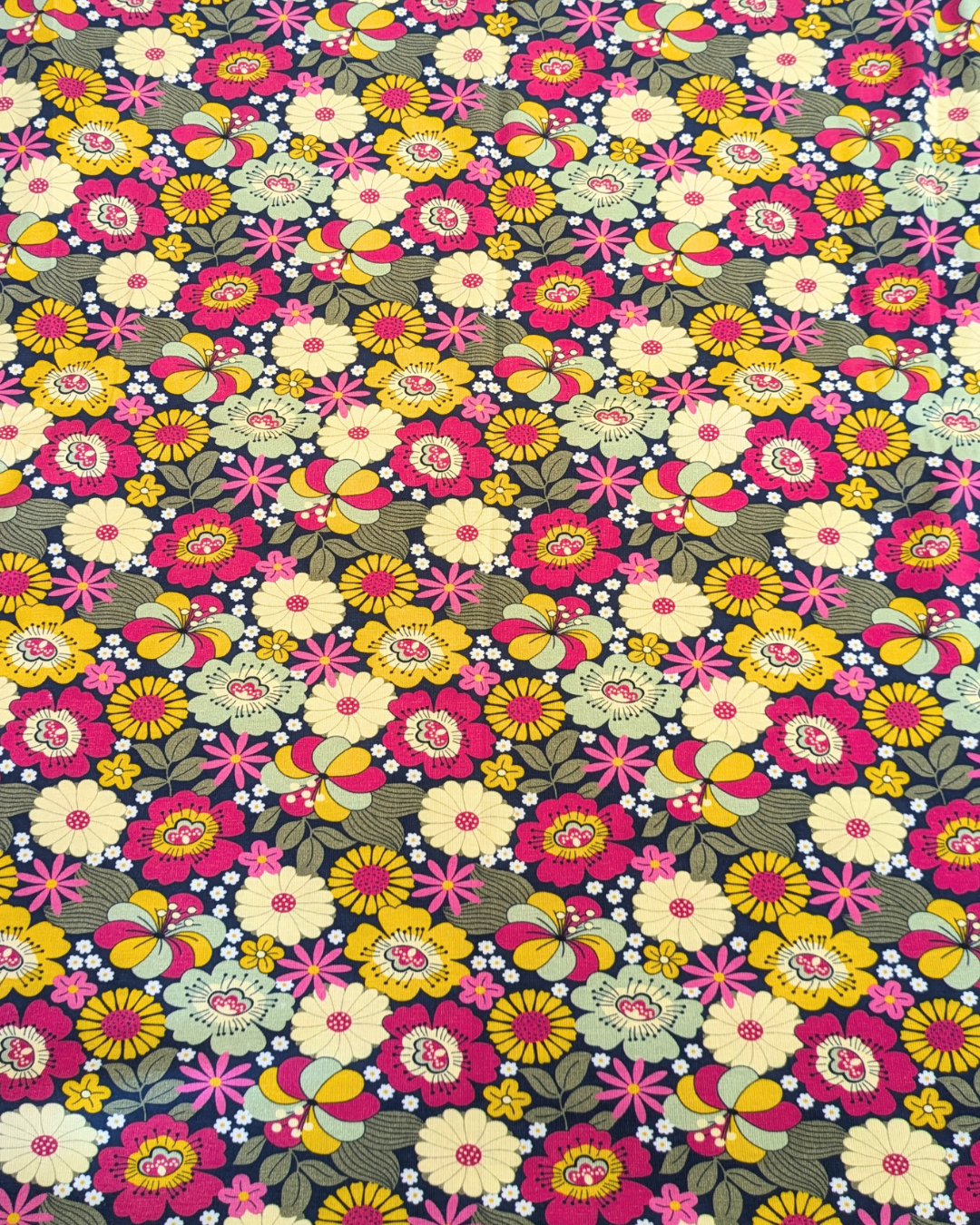 Flower Child Navy Cotton Jersey Fabric-pinclothing.co.uk-pinclothing.co.uk