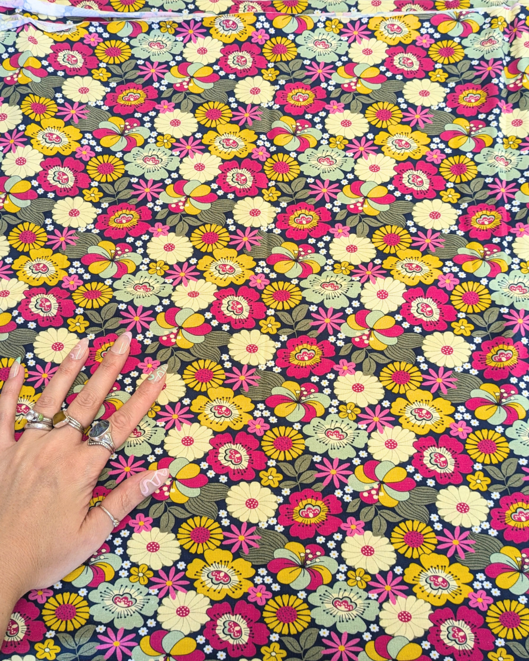 Flower Child Navy Cotton Jersey Fabric-pinclothing.co.uk-pinclothing.co.uk