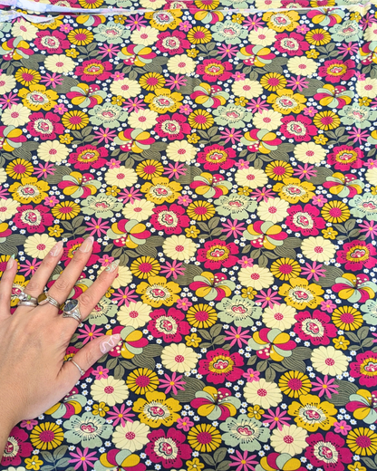 Flower Child Navy Cotton Jersey Fabric-pinclothing.co.uk-pinclothing.co.uk