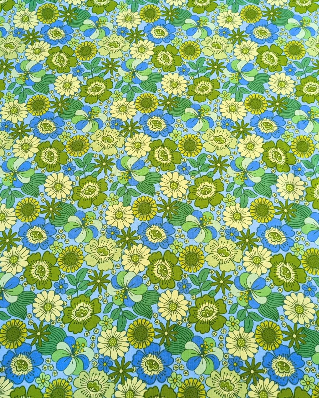 Flower Child Blue Green Cotton Jersey Fabric-pinclothing.co.uk-pinclothing.co.uk