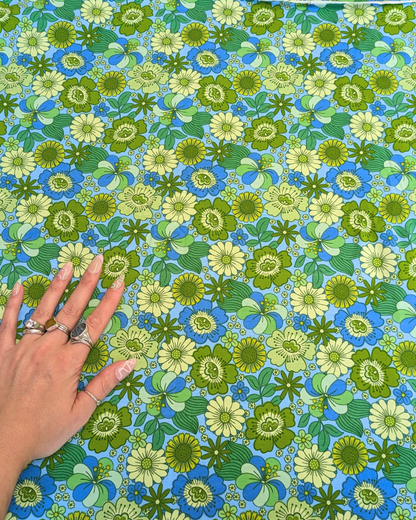 Flower Child Blue Green Cotton Jersey Fabric-pinclothing.co.uk-pinclothing.co.uk