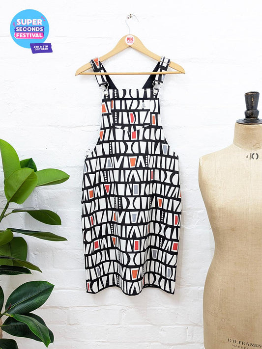 Monochrome Geometric Dungaree Dress SUPER SECONDS SALE (OOAK)-Pin Clothing-pinclothing.co.uk