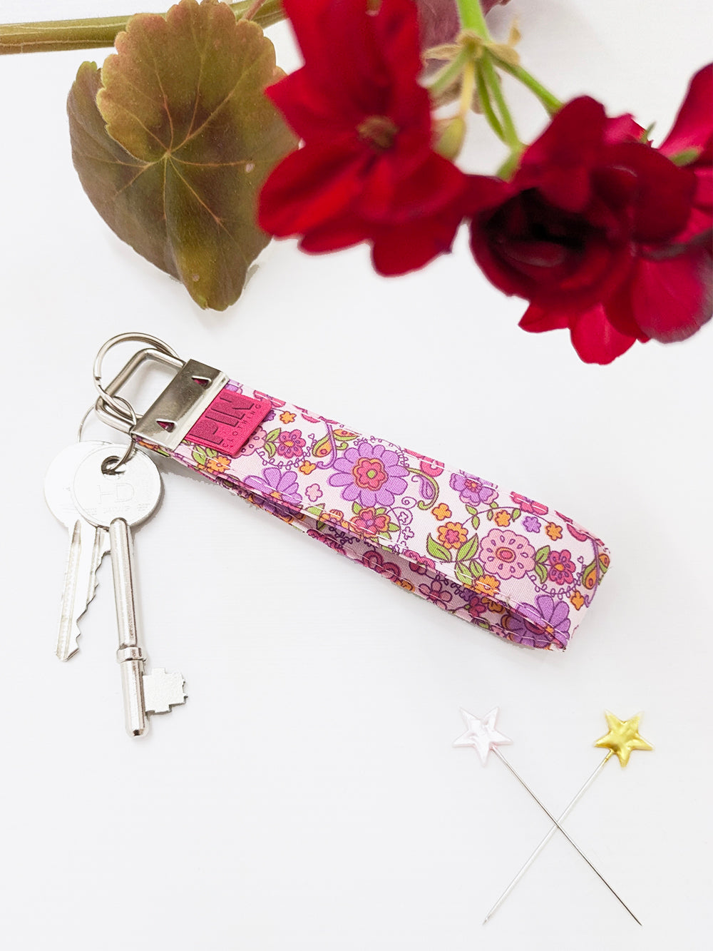Pink Retro Floral Wristlet Keyring SUPER SECONDS SALE (OOAK)-Pin Clothing-pinclothing.co.uk