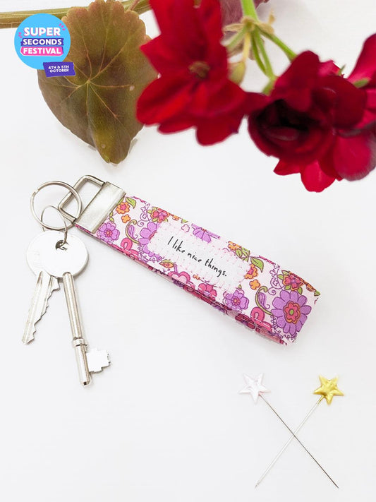 Pink Retro Floral Wristlet Keyring SUPER SECONDS SALE (OOAK)-Pin Clothing-pinclothing.co.uk