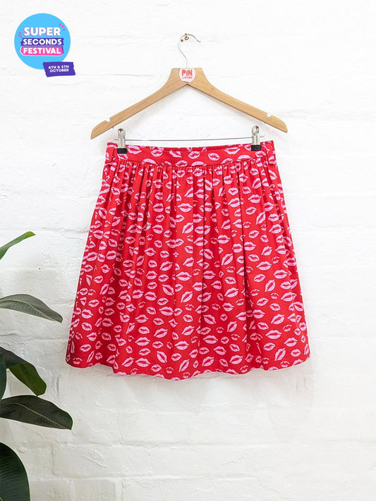 Pink & Red Kisses High Waisted Skirt SUPER SECONDS SALE (OOAK)-Pin Clothing-pinclothing.co.uk