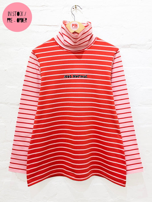 Pink & Red Stripe Mock Turtle Neck Top-Pin Clothing-pinclothing.co.uk