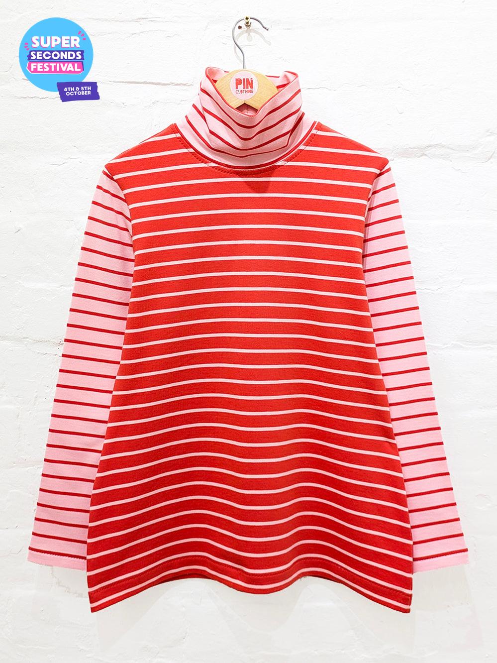 Pink & Red Stripe Mock Turtle Neck Top SUPER SECONDS SALE (OS)-Pin Clothing-pinclothing.co.uk