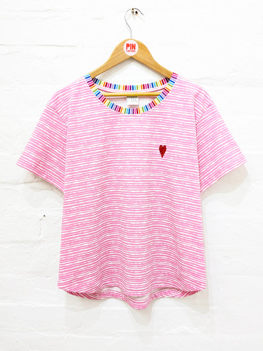 Pink Rainbow Heart Stripe Tee-Pin Clothing-pinclothing.co.uk