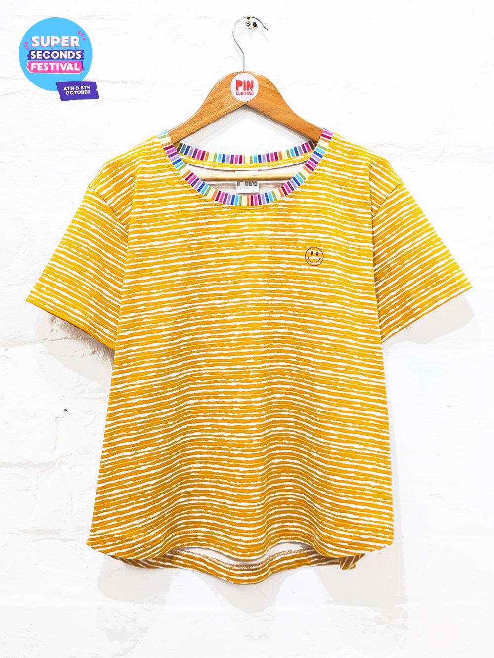 Yellow Sunshine Smiley Stripe Tee SUPER SECONDS SALE (OS)-Pin Clothing-pinclothing.co.uk