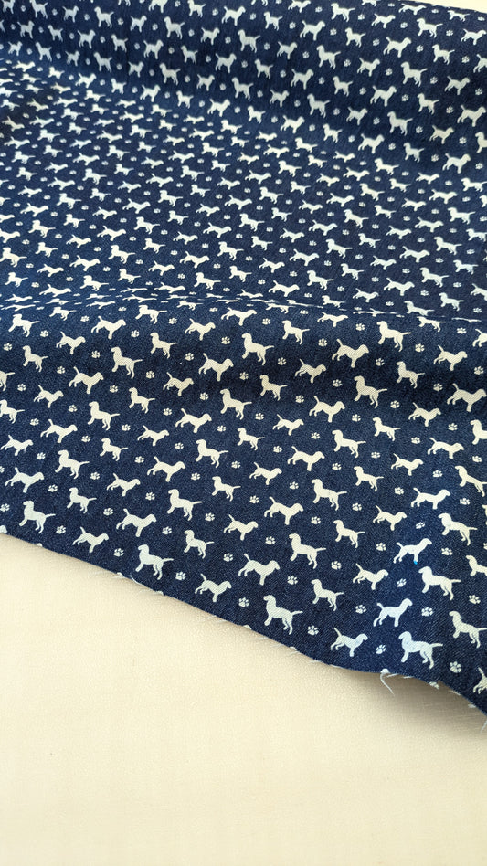 Navy Blue Dog Print Fabric - Labrador/Golden Retriever Silhouette - Stretch Denim Cottob-pinclothing.co.uk-pinclothing.co.uk