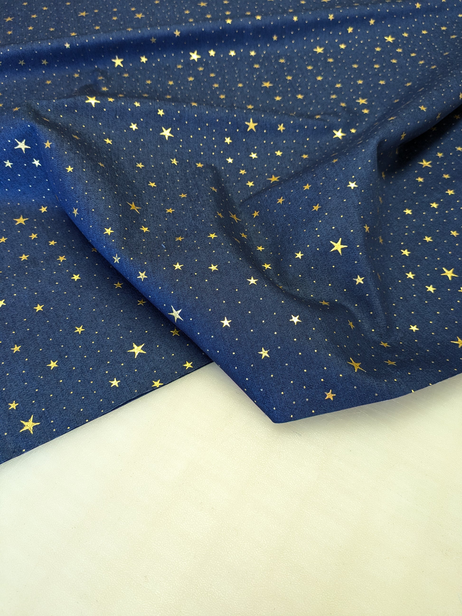 Midnight Blue Cotton Denim Fabric with Gold Foil Stars - Crafting & Sewing Material 1.4 metre piece-pinclothing.co.uk-pinclothing.co.uk